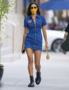 <p>Irina Shayk rocks a blue mini dress and yellow face mask while out in N.Y.C. on Friday.</p>