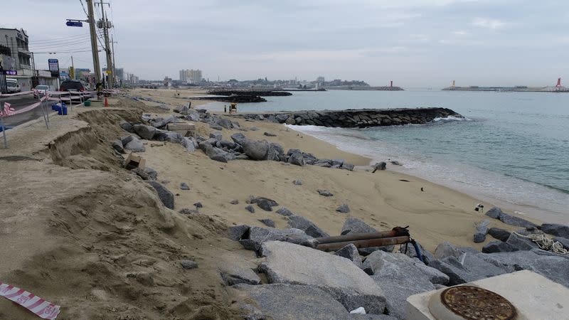 Understructures are exposed at Jumunjin beach damaged by erosion, in Gangneung