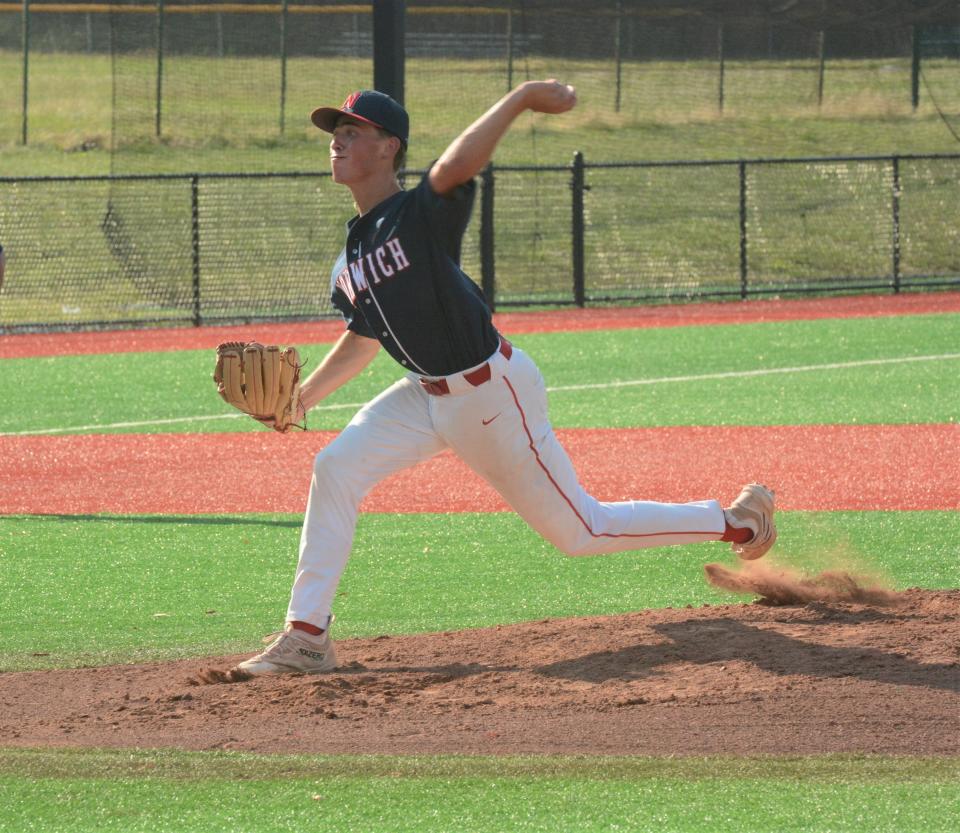 Norwich's Daniel St. George fires a pitch against Waterford during an American Legion Zone 6 contest Wednesday at Mitchell College.