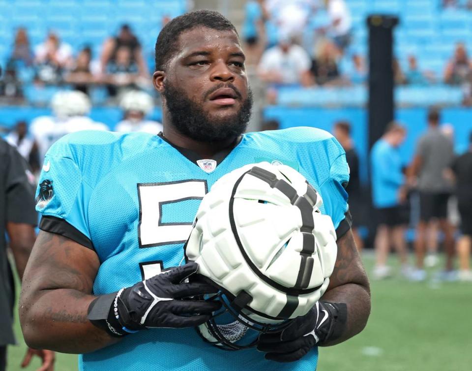 Carolina Panthers defensive tackle Marquan McCall during the team’s Fan Fest practice at Bank of America Stadium on Wednesday, August 2, 2023. JEFF SINER/jsiner@charlotteobserver.com