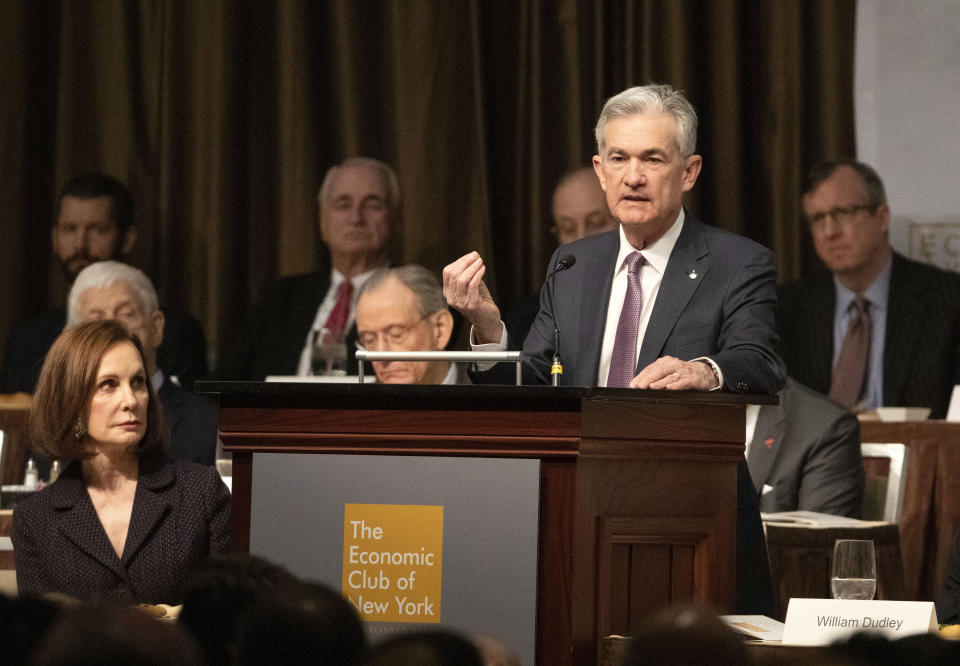 Federal Reserve Board Chairman Jerome Powell speaks at the Economic Club of New York, Wednesday, Nov. 28, 2018, in New York. (AP Photo/Mark Lennihan)