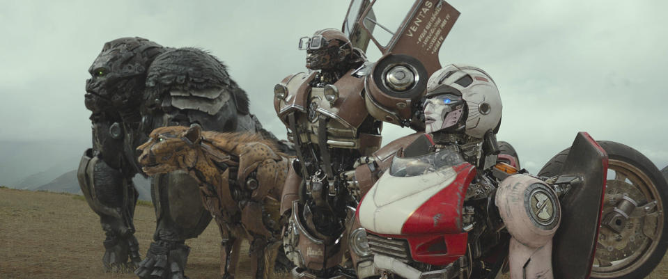 This image released by Paramount Pictures shows Optimus Primal, Cheetor, Wheeljack and Arcee in a scene from "Transformers: Rise of the Beasts." (Paramount via AP)