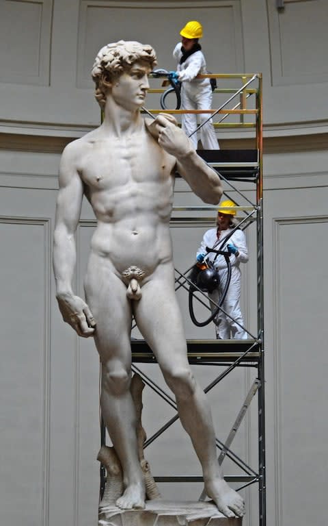 Michelangelo's David undergoes cleaning operations and half-yearly maintenance at the Accademia Gallery in Florence, Italy, 29 February 2016.  - Credit: EPA