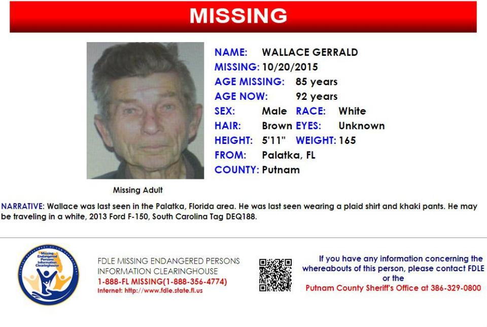 Wallace Gerrald was reported missing from Palatka on Oct. 20, 2015.