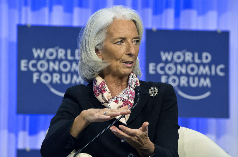 Head of the International Monetary Fund Christine Lagarde, gestures as she speaks during a session at the World Economic Forum in Davos, Switzerland, Saturday, Jan. 25, 2014. (AP Photo/Michel Euler)