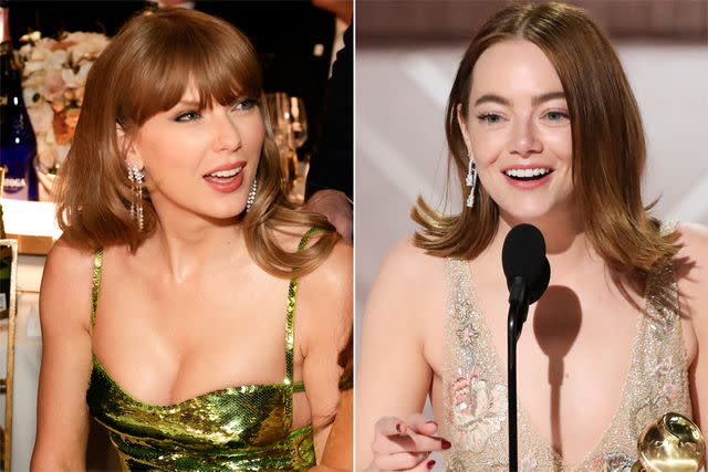 <p>Francis Specker/CBS via Getty Images; Sonja Flemming/CBS via Getty Images</p> Taylor Swift and Emma Stone at the Golden Globes