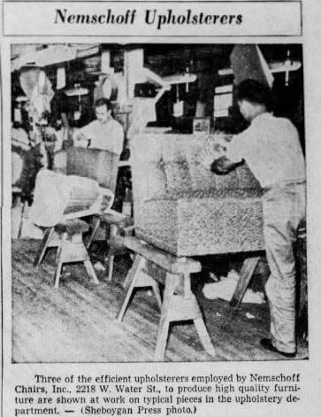 Several Nemschoff Chairs workers upholster chairs at the facility, as seen in 1953.
