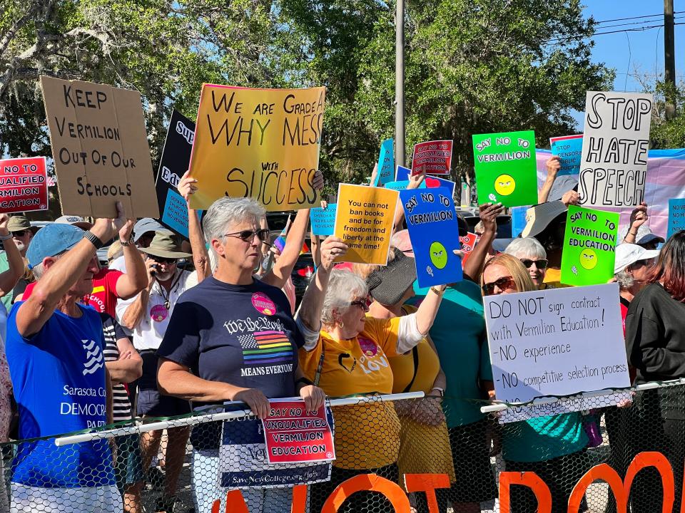 Protesters gather outside of the Sarasota County School Board chambers on Tuesday, April 18, 2023. The protesters rallied against the district's plans to hire Vermilion Education - a firm with ties to Hillsdale College, a politically conservative Christian liberal arts school in Michigan. Columnist Carrie Seidman says several local grassroots groups are now working together to protect public education in Sarasota.