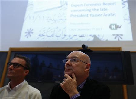 Director of Lausanne University Hospital's forenics centre Patrice Magnin (R) and Director of its Institute of Radiation Physics Francis Bochud attend a news conference in Lausanne November 7, 2013. REUTERS/Denis Balibouse