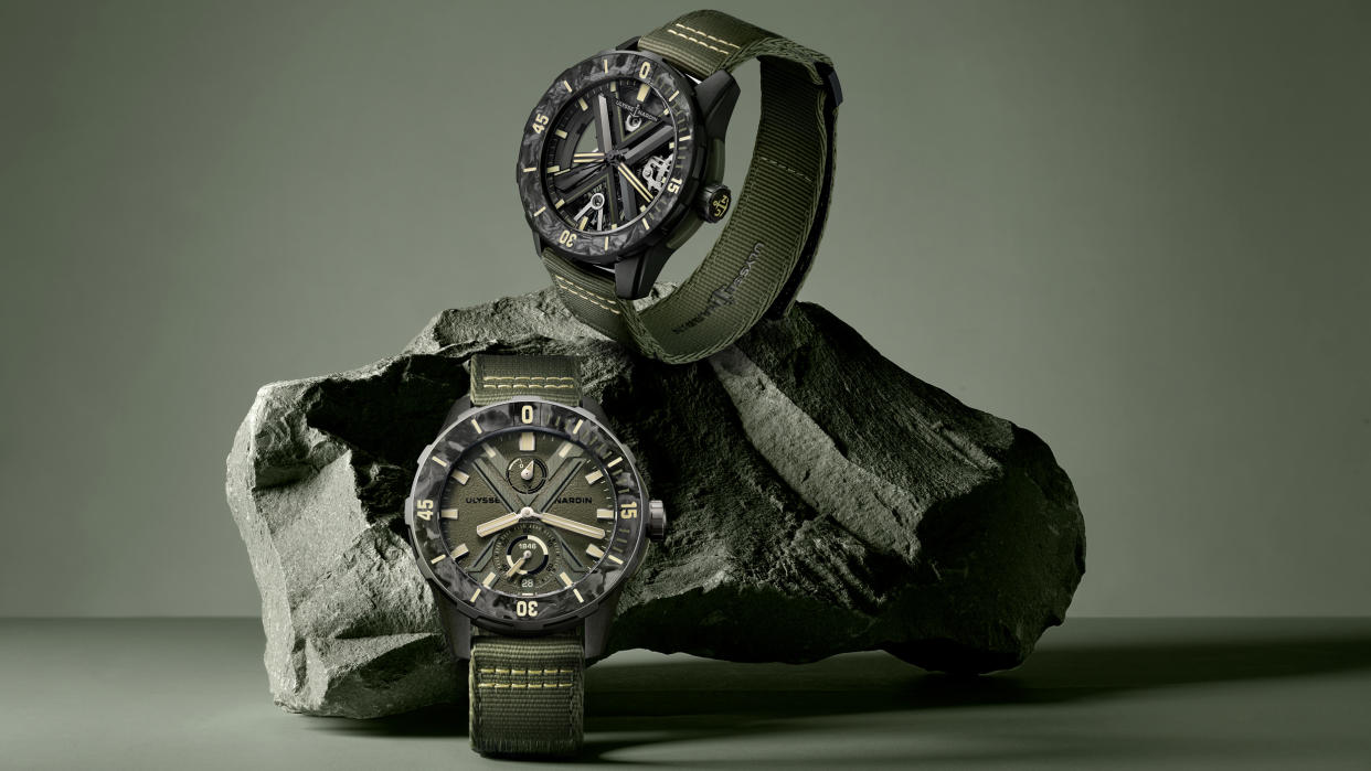  The Ulysse Nardin OPS and the Ulysse Nardin Diver X Skeleton OPS on a rock. 