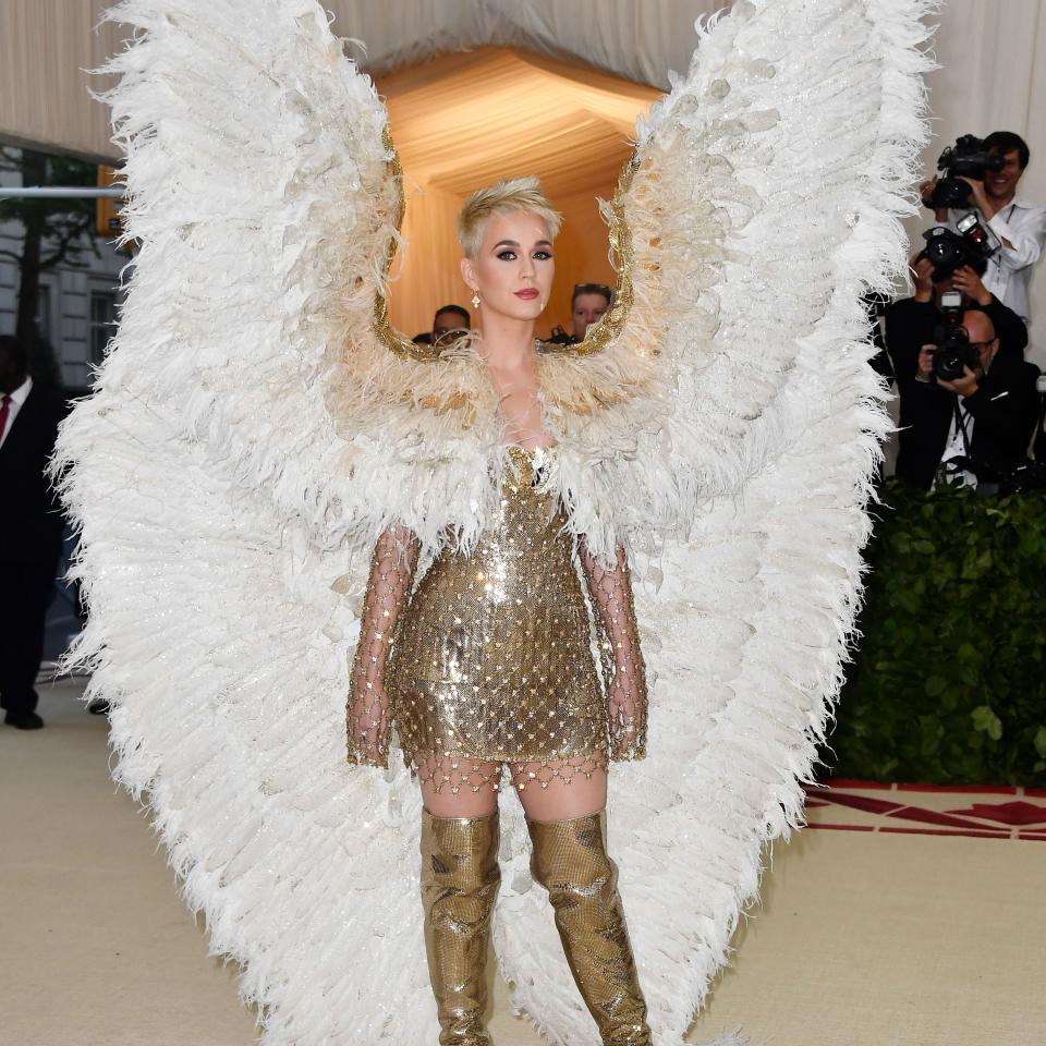Singer Katy Perry, host of last year’s Met Gala, arrived this year in custom Versace with cohost Donatella Versace.