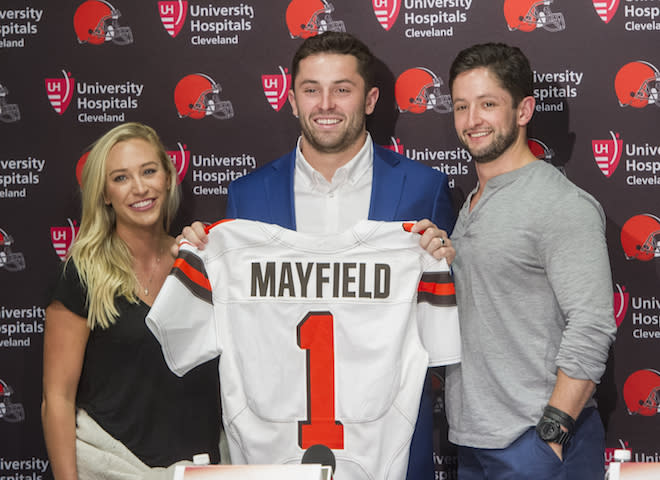 Baker Mayfield was the No. 1 overall pick in the NFL Draft, but slow playing him for fantasy purposes is suggested. (AP Photo/Phil Long)
