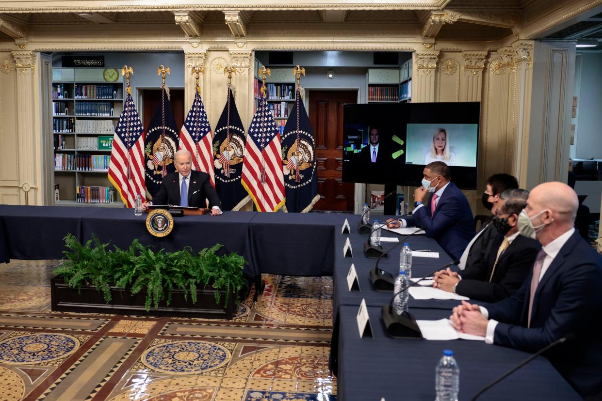 U.S. President Joe Biden delivers remarks at the start of a hybrid virtual roundtable with CEOs and leaders of retail, consumer products firms and grocery store chains in the Eisenhower Executive Office Building on Nov. 29, 2021, in Washington, DC. President Biden spoke on his administration’s plans to keep stores supplied ahead of the holiday season.