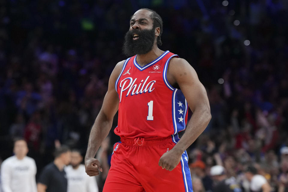 James Harden of the Philadelphia 76ers reacts against the Miami Heat during Game Four of the 2022 NBA Playoffs Eastern Conference Semifinals at the Wells Fargo Center on May 8, 2022 in Philadelphia. The 76ers defeated the Heat 116-108.