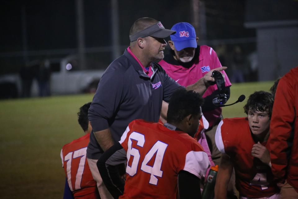 Montgomery Central coach Jeff Tomlinson talks to his team during a timeout in the second quarter of their Region 5-4A game against White House Thursday night.