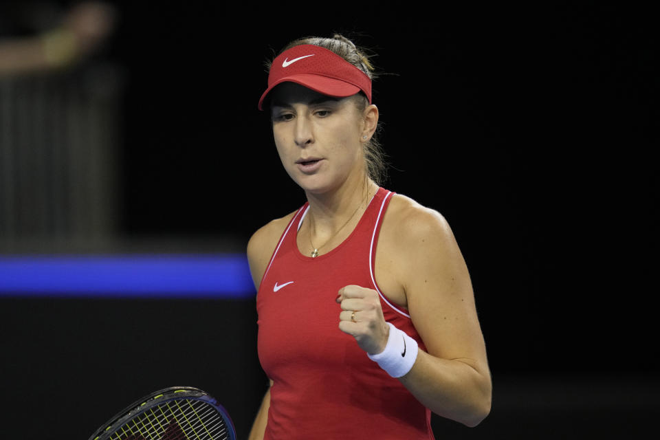 Belinda Bencic of Switzerland gestures during the semi-final match against Karolina Pliskova of Czech Republic, at the Billie Jean King Cup, at the Emirates Arena in Glasgow, Scotland, Saturday, Nov. 12, 2022. (AP Photo/Kin Cheung)