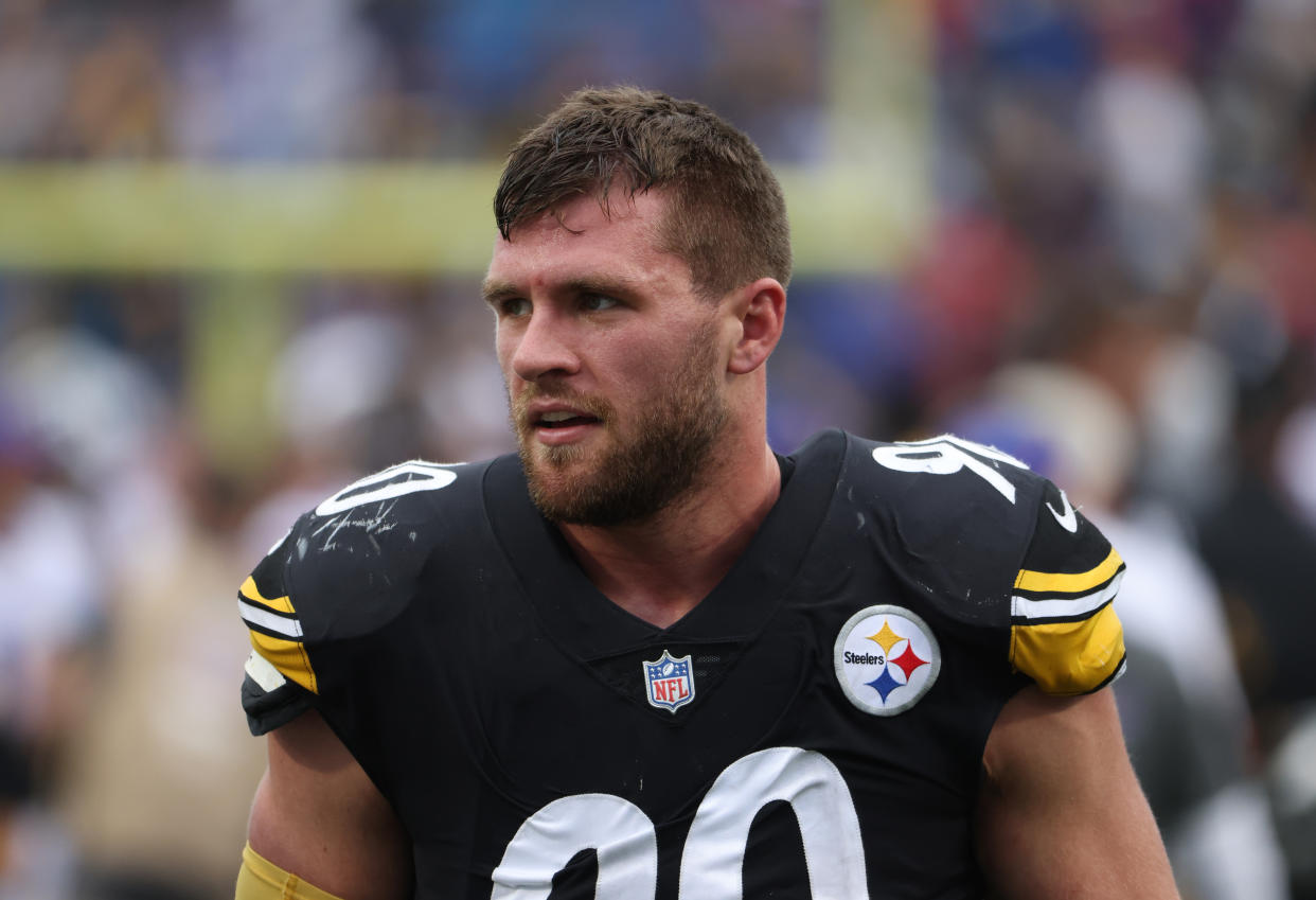 ORCHARD PARK, NY - SEPTEMBER 12: T.J. Watt #90 of the Pittsburgh Steelers walks off the field after a game against the Buffalo Bills at Highmark Stadium on September 12, 2021 in Orchard Park, New York. (Photo by Timothy T Ludwig/Getty Images)