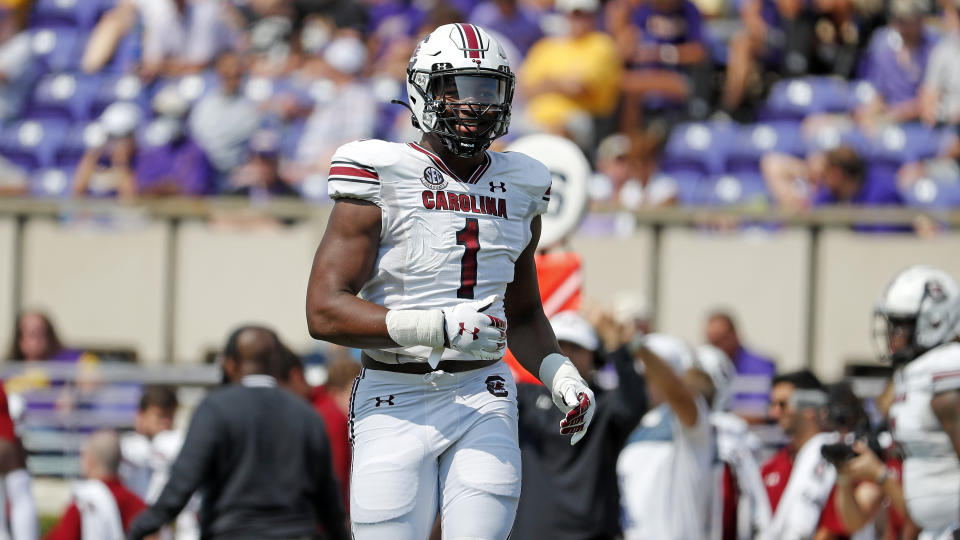 South Carolina's Kingsley Enagbare is the type of long-levered pass rusher who fits the Eagles mold. (AP Photo/Karl B DeBlaker)