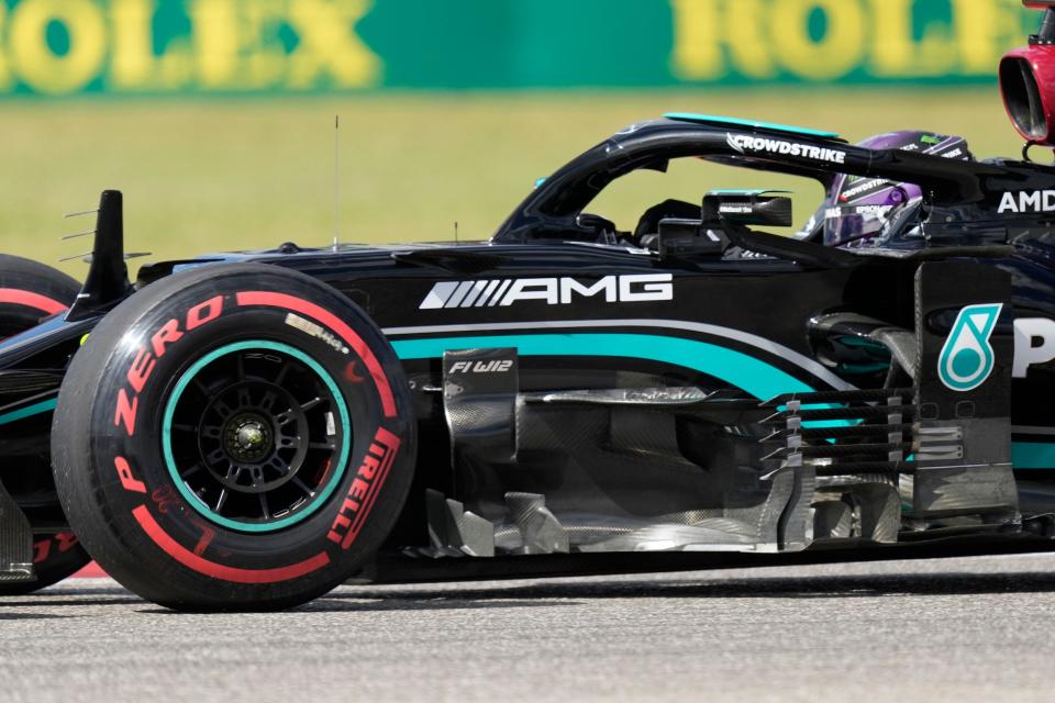 Mercedes driver Lewis Hamilton, of Britain, drives during a practice session for the Formula One U.S. Grand Prix auto race at the Circuit of the Americas