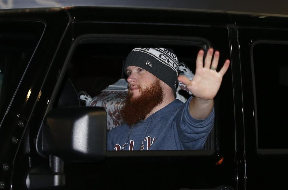 Boston Red Sox's Craig Kimbrel drives away from Fenway Park after arriving back in Boston, Monday, Oct. 29, 2018. The Red Sox defeated the Los Angeles Dodgers on Sunday in Los Angeles to take the 2018 World Series championship. (AP Photo/Michael Dwyer)