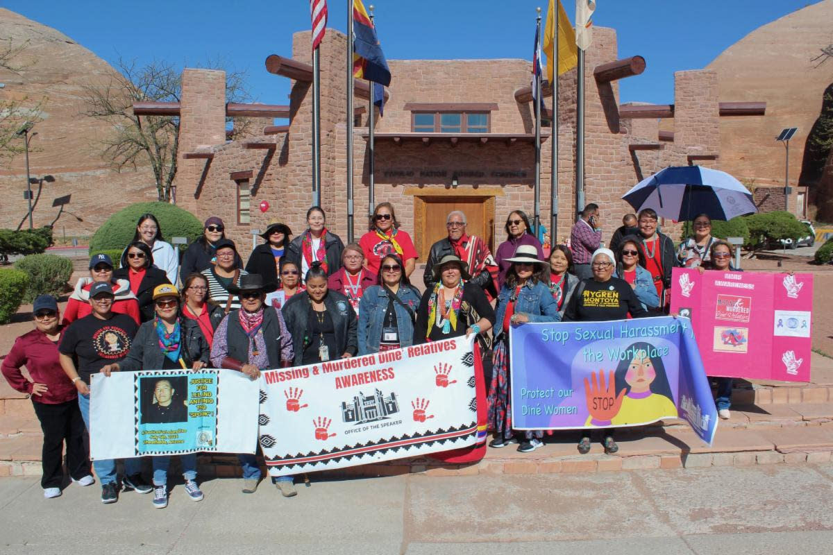 Members of the 25th Navajo Nation Council, the Missing and Murdered Diné Relatives Task Force, and community advocates stand in solidarity with families impacted by the MMDR crisis. (Photo/Navajo Nation Council)