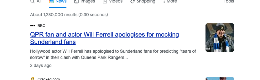 Screenshot of the BBC headline about Will Ferrell based on a parody Twitter account.
