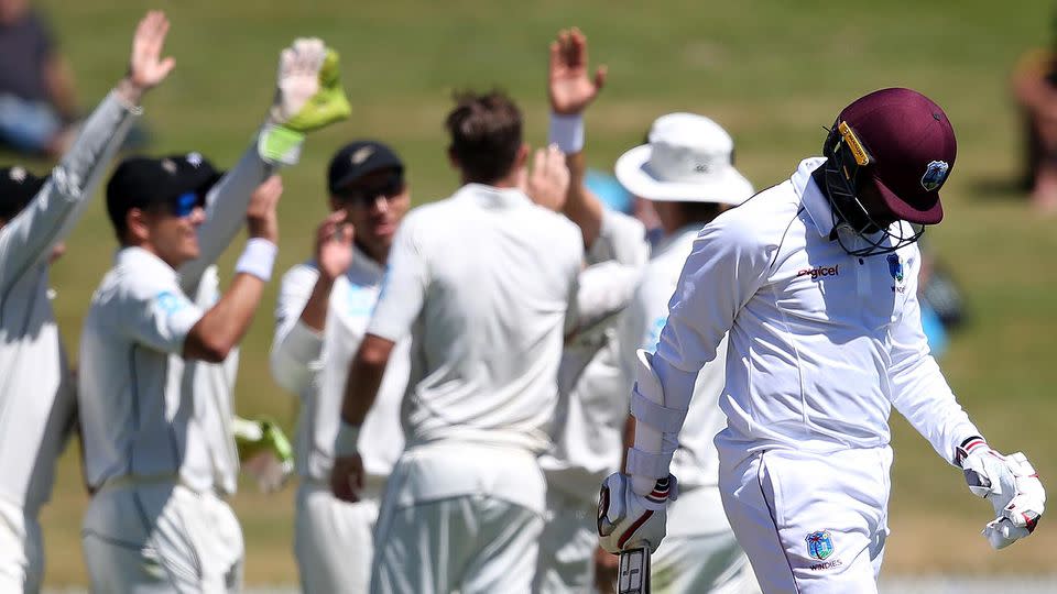 Reifer walks off as the Kiwis celebrate. Pic: Getty