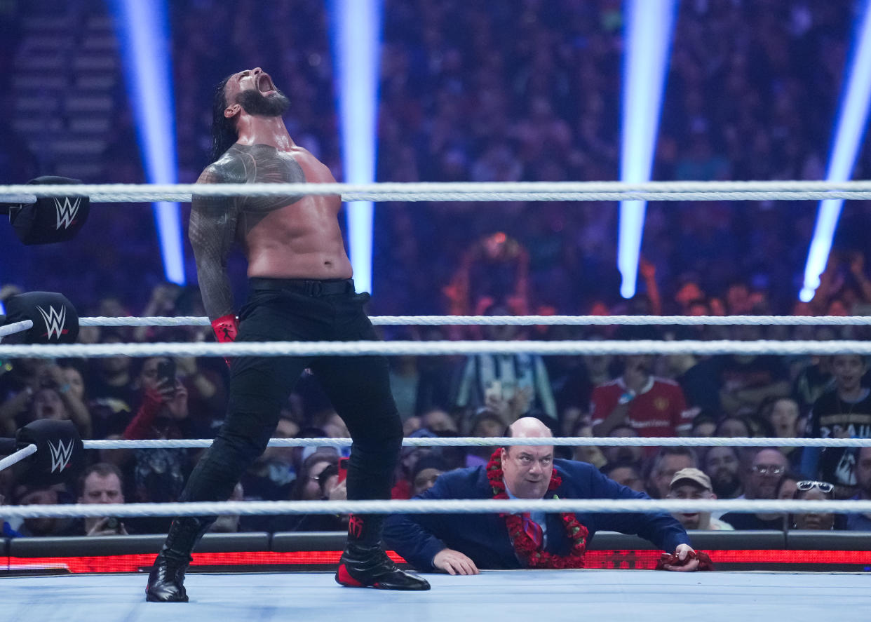 SAN ANTONIO, TEXAS - JANUARY 28: Roman Reigns reacts during the WWE and Universal Championship match during the WWE Royal Rumble event at the Alamodome on January 28, 2023 in San Antonio, Texas. (Photo by Alex Bierens de Haan/Getty Images)