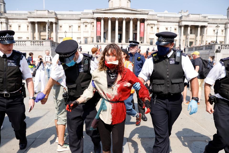 Police officers detain an activist during a protest over the impact of coronavirus on Brazil's indigenous communities (REUTERS)