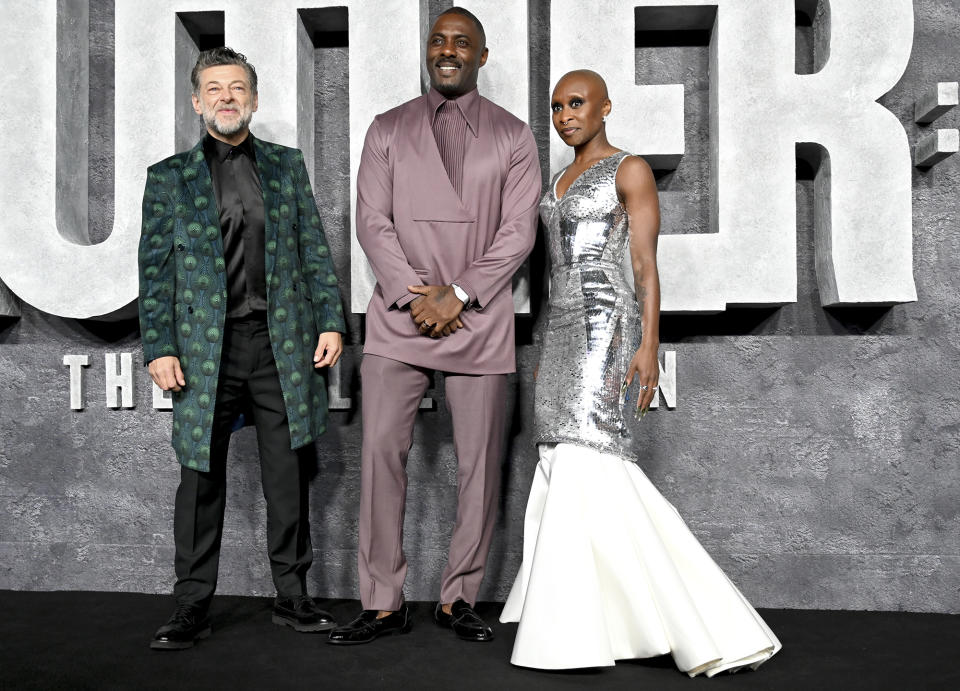 <p>Andy Serkis, <a href="https://people.com/tag/idris-elba/" rel="nofollow noopener" target="_blank" data-ylk="slk:Idris Elba;elm:context_link;itc:0;sec:content-canvas" class="link ">Idris Elba</a> and <a href="https://people.com/tag/cynthia-erivo/" rel="nofollow noopener" target="_blank" data-ylk="slk:Cynthia Erivo;elm:context_link;itc:0;sec:content-canvas" class="link ">Cynthia Erivo</a> arrive at the global premiere of <em>Luther: The Fallen Sun</em> in London on March 1.</p>