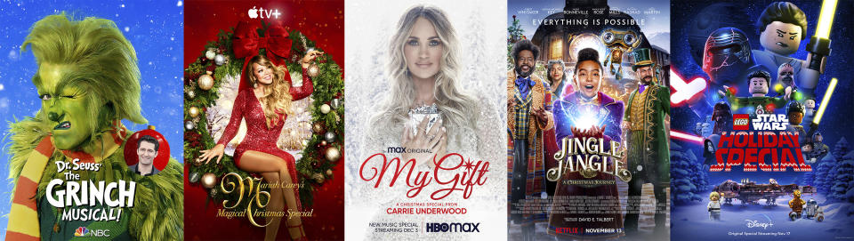 This combination photo shows key art for holiday specials, from left, "Dr. Seuss’ The Grinch Musical," airing Dec. 9 on NBC, "Mariah Carey's Magical Christmas Special," streaming Dec. 4 on Apple TV+, "My Gift: A Christmas Special from Carrie Underwood," premiering Thursday, Dec. 3 on HBO Max, "Jingle Jangle: A Christmas Journey," streaming on Netflix and "Lego Star Wars Holiday Special," streaming on Disney+. (NBC/Apple/HBO Max/Netflix/Disney + via AP)