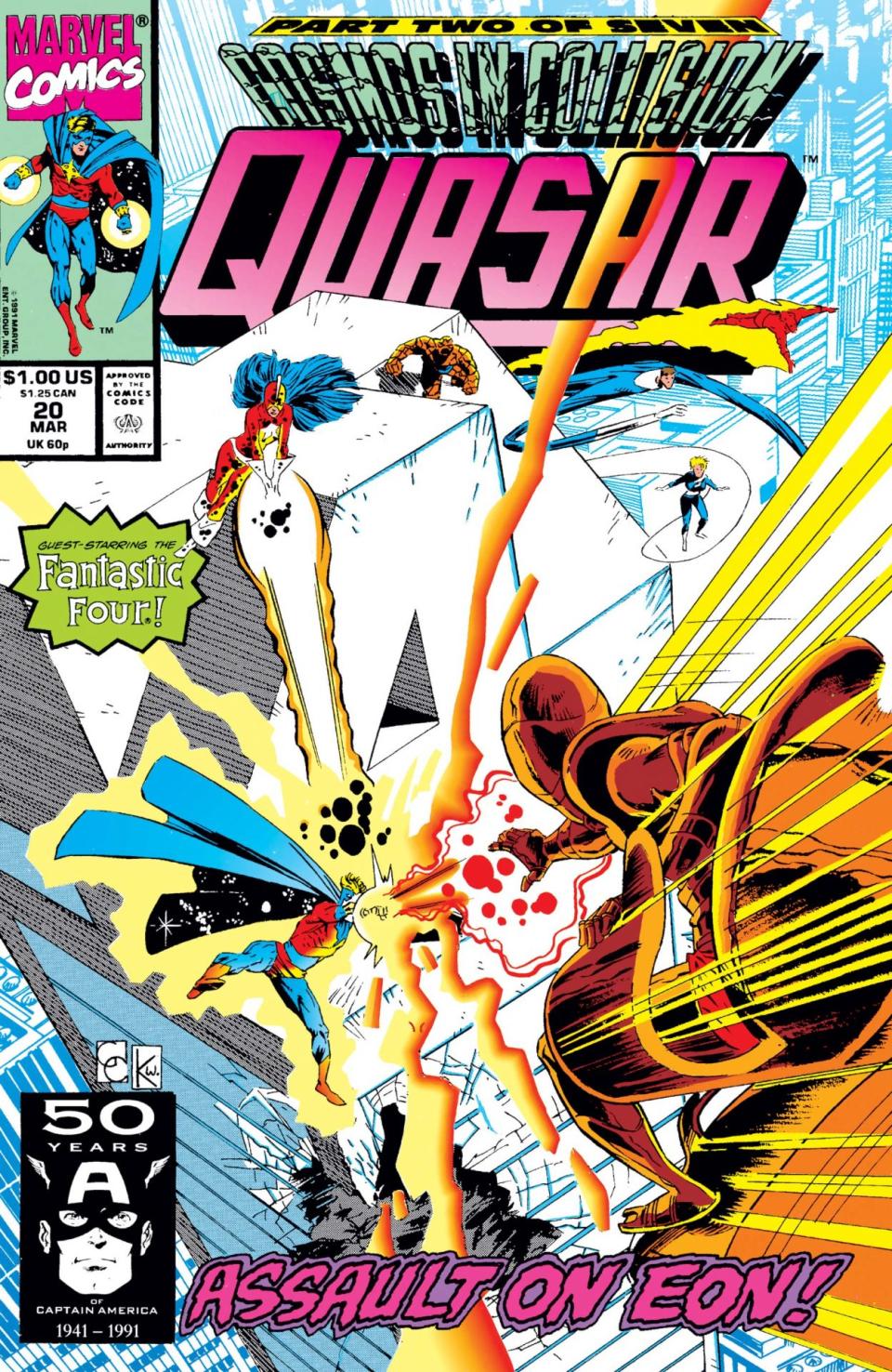 The cover for Quasar #20 shows a wild battle with multiple brightly colored figures including the fantastic four