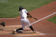 Pittsburgh Pirates' Oneil Cruz doubles off Los Angeles Angels starting pitcher José Soriano, driving in three runs during the fifth inning of a baseball game in Pittsburgh, Wednesday, May 8, 2024. (AP Photo/Gene J. Puskar)