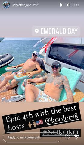 <p>Josh Hall/Instagram</p> Josh Hall shows off his tattoos while enjoying a 4th of July boat day.