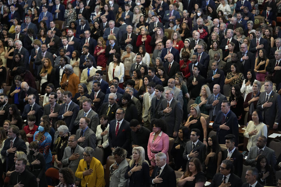 Texas House members with family and guests crowd the House Chamber at the Texas Capitol for the opening of the 88th Texas Legislative Session in Austin, Texas, Tuesday, Jan. 10, 2023. (AP Photo/Eric Gay)