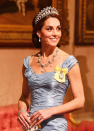 <p> King Willem-Alexander and Queen Maxima of the Netherlands made a state visit to the UK in 2018. For a banquet at Buckingham Palace thrown in their honour, the then-Duchess of Cambridge stunned in a pale blue gown by Alexander McQueen and a beautiful tiara. </p>