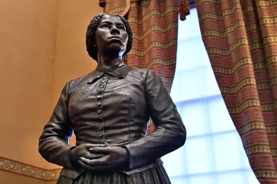 A statue of Harriet Tubman, created by StudioEIS, in the Old House of Delegates Chamber at the Maryland State House, Feb. 10, 2020. The statue, along with one of Frederick Douglass, commemorates the abolition of slavery in Maryland on November 1, 1864.