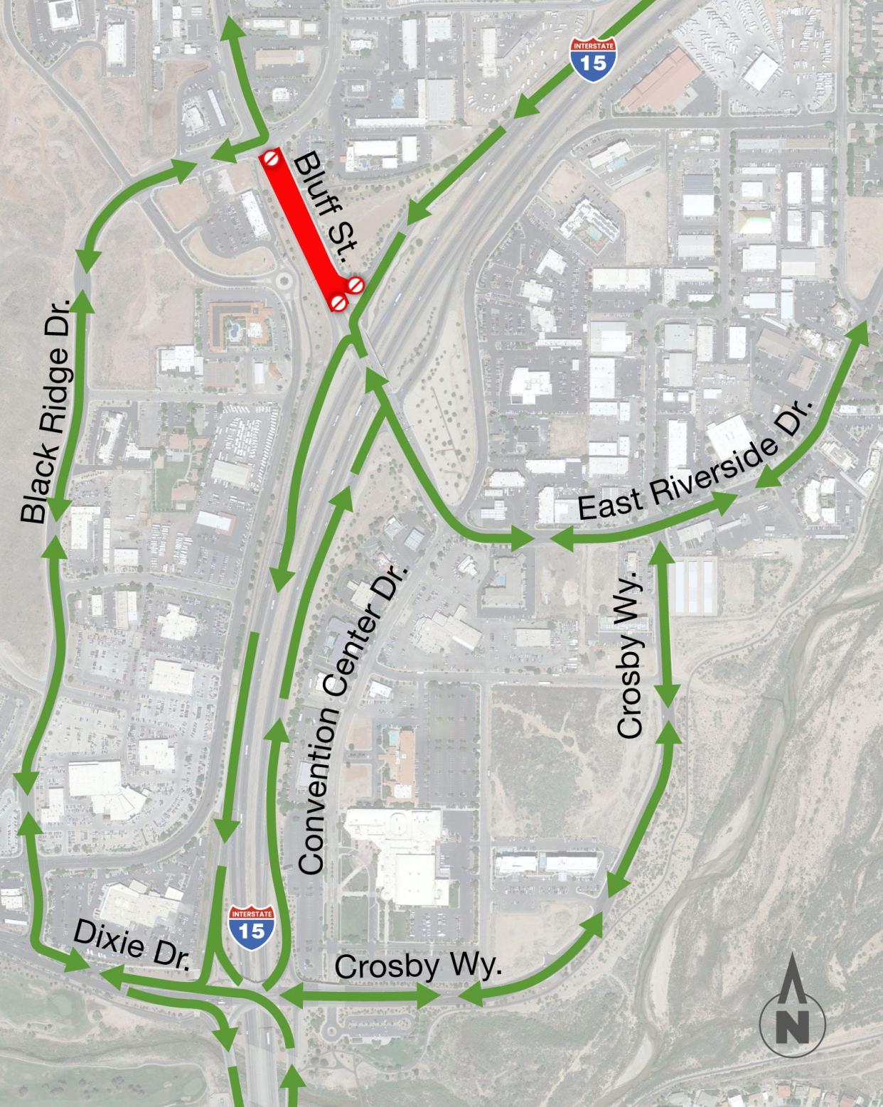 The stretch of Bluff Street between Main Street and the Interstate 15 interchange will be closed for two weeks this June as construction crews work on a new pedestrian tunnel.