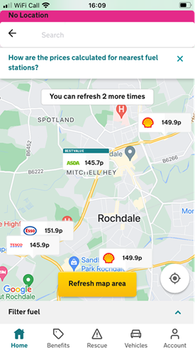 Petrol prices in Rochdale. Photo: AA app