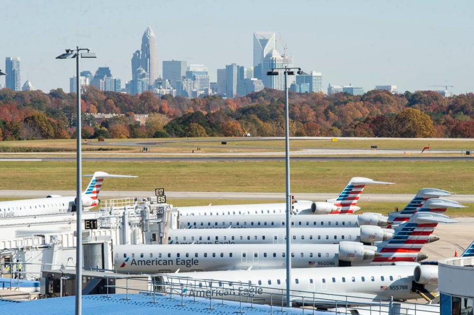 American Airlines planes sit at terminals at Charlotte Douglas International Airport on Tuesday, November 16, 2021 in Charlotte, NC.