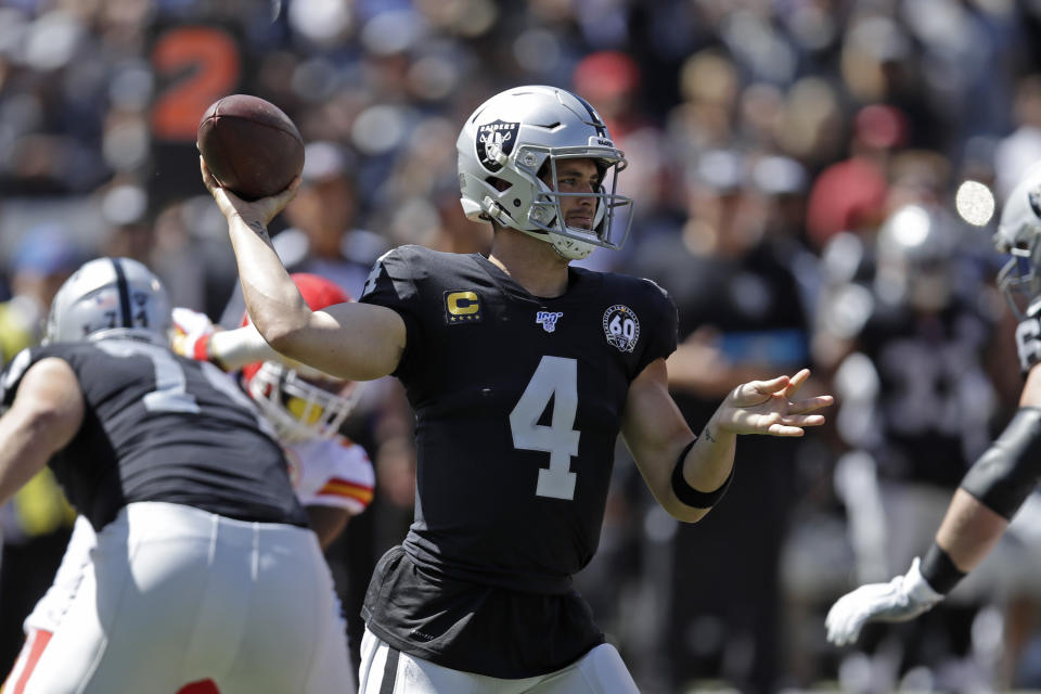 Oakland Raiders quarterback Derek Carr looks to throw the ball during the first half of an NFL football game against the Kansas City Chiefs Sunday, Sept. 15, 2019, in Oakland, Calif. (AP Photo/Ben Margot)