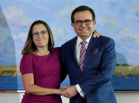 Canadian Minister of Foreign Affairs Chrystia Freeland shakes hands with Mexican Secretary of Economy Ildefonso Guajardo Villarreal before the first round of talks to renegotiate the North American Free Trade Agreement (NAFTA) at the Embassy of Canada in Washington, U.S., August 15, 2017. REUTERS/Joshua Roberts