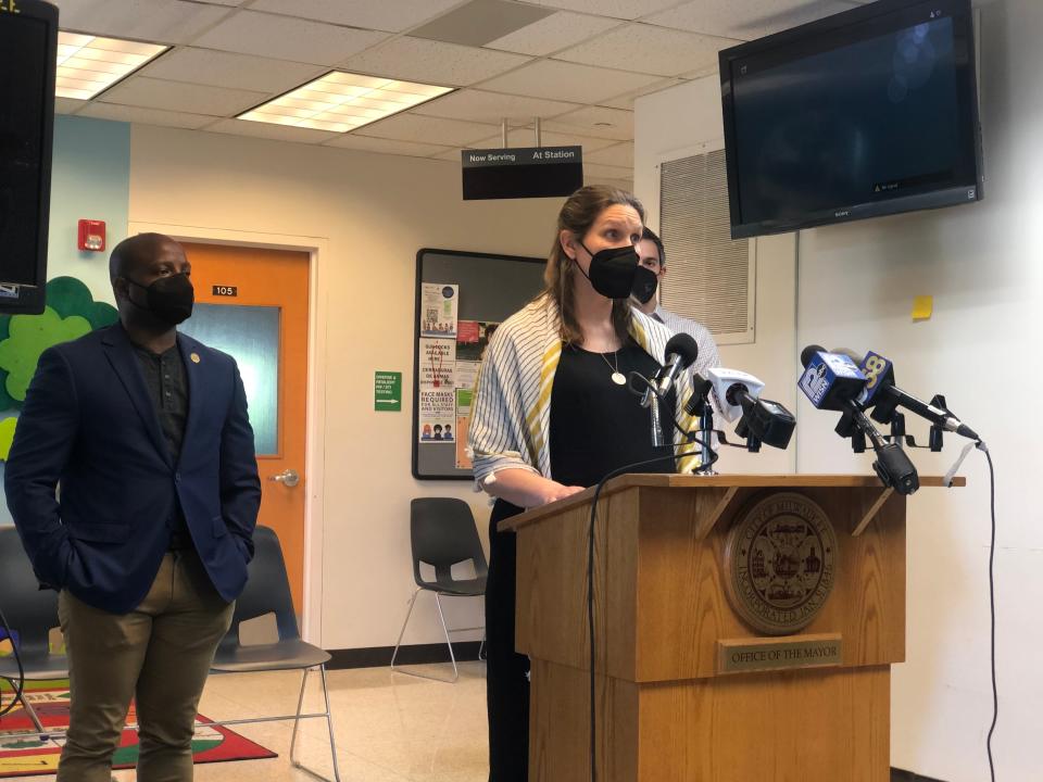 Mayor Cavalier Johnson, left, and Milwaukee Health Department officials Dr. Heather Paradis and Dr. Ben Weston speak at a news conference at Northwest Health Center on Thursday. They announced that COVID-19 vaccines will now be available to Milwaukeeans ages 6 months to 5 years.