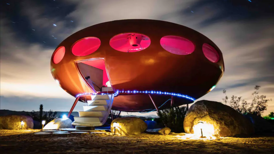 The Area 55 Futuro House, a red UFO-like vessel in the Joshua Tree desert.