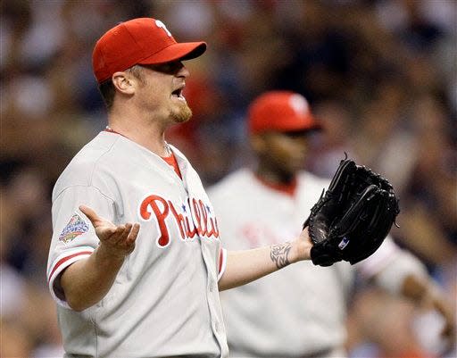 Philadelphia Phillies starter Brett Myers argues a call during the second inning of Game 2 of the baseball World Series against the Tampa Bay Rays in St. Petersburg, Fla., Thursday, Oct. 23, 2008. Myers is a musical artist these days.