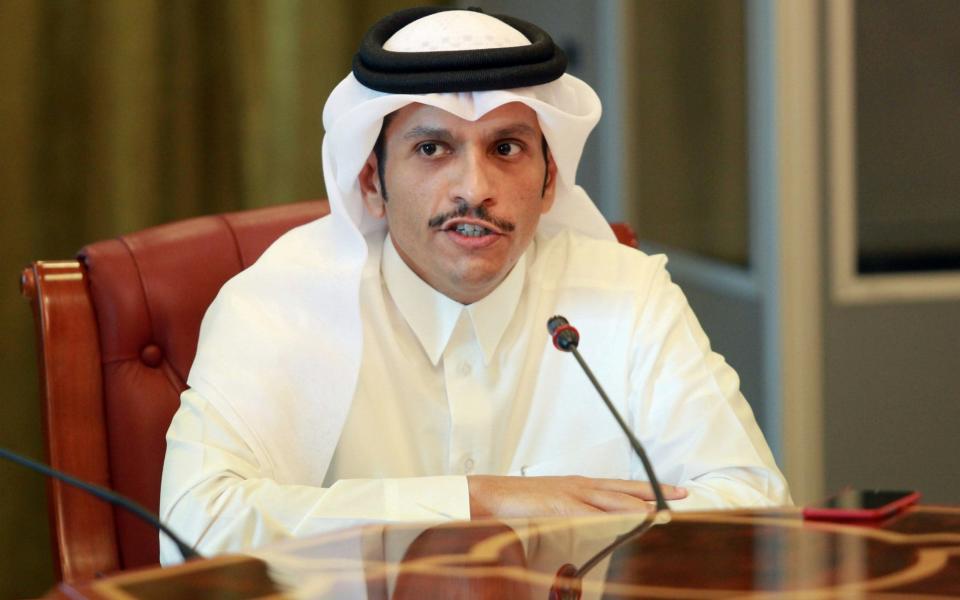 Qatar's foreign minister Sheikh Mohammed bin Abdulrahman al-Thani speaks to reporters in Doha - Credit: REUTERS