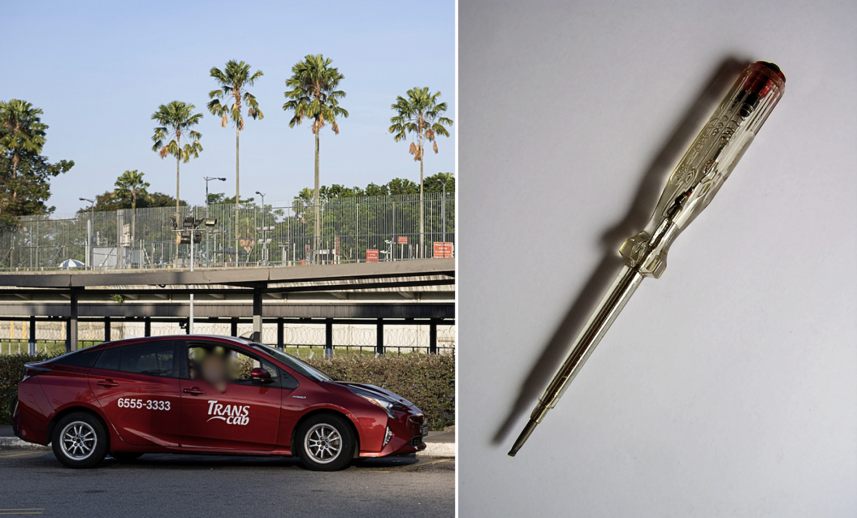 Photo of general Trans Cab taxi (left) and example of test pen used by driver to attack passengers (Photos: Getty Images)