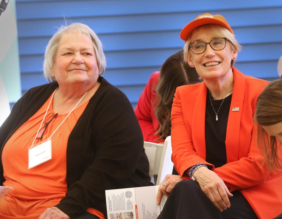 Guest speakers Maureen Smith, resident of Champlin Place, left, and Sen. Maggie Hassan are seen during a ceremony celebrating Easterseals' Champlin Place in Rochester Monday, May 13, 2024.