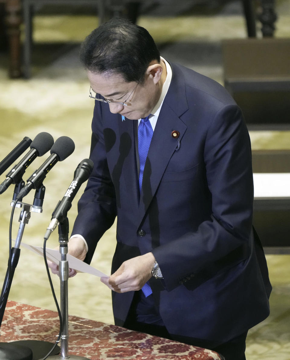 Japanese Prime Minister Fumio Kishida apologizes over his Liberal Democratic Party's funds scandal during a meeting of the Lower House Budget Committee in Tokyo Monday, Jan. 29, 2024. Kishida on Monday was forced to start this year's parliamentary session with an apology over one of the country's biggest corruption scandals in decades. (Kyodo News via AP)