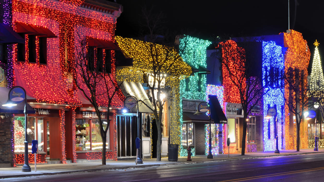 Rochester, Michigan, USA - January 1, 2012: The quaint downtown of Rochester, Michigan all lit up with colorful lights for the holidays.